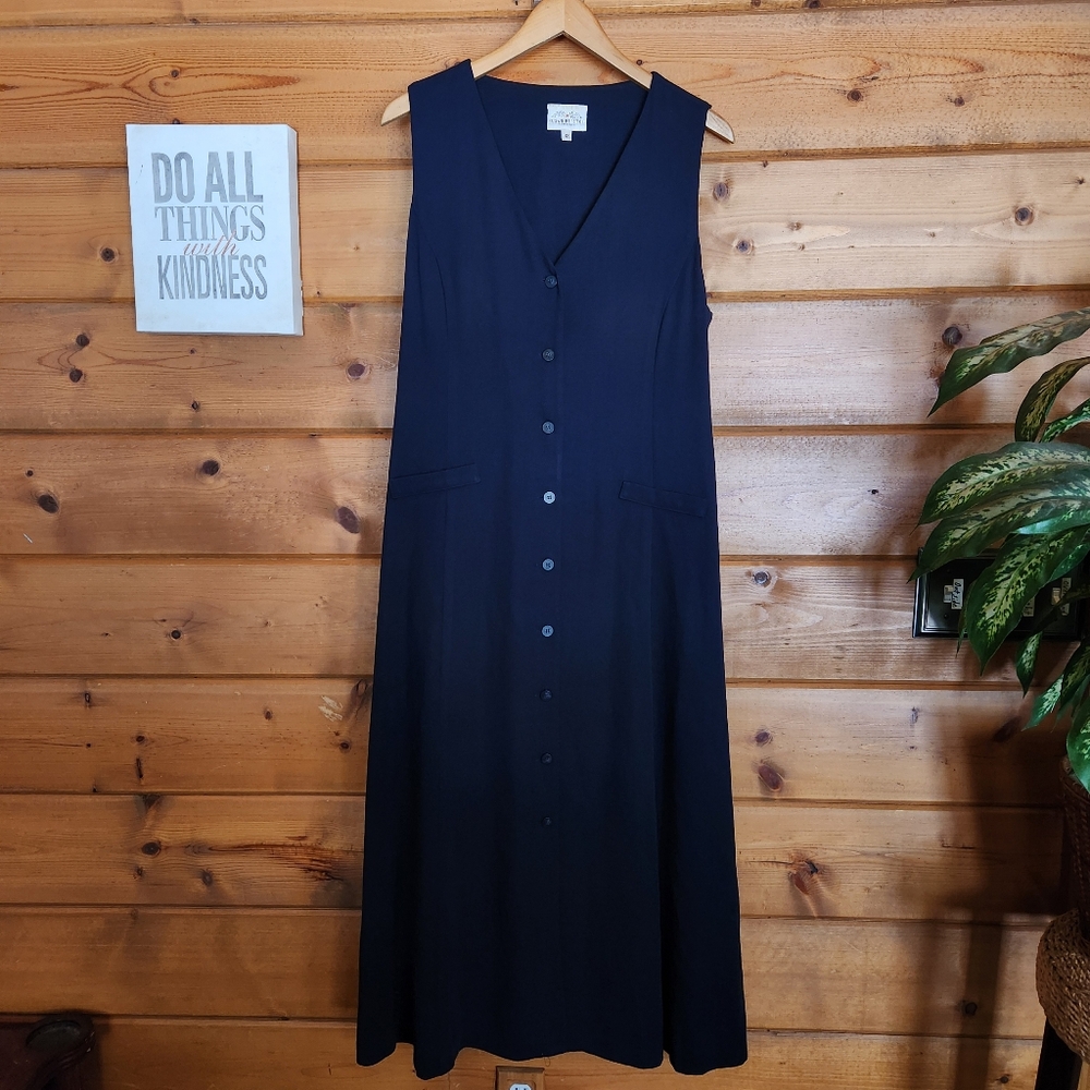 Susan Bristol Vintage Navy Blue Button Front Maxi Shirt Dress Tie Back Size 12